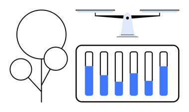 İnsansız hava aracı, ağaç sınırının üzerindeki test tüplerinin yanında süzülüyor. Çevresel izleme, analiz ve teknoloji uygulamasını gösteriyor. İklim izleme, yenilik, araştırma ve ekoloji çalışmaları için ideal