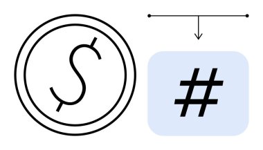 Dolar işareti işaretlendi, mavi kutuda oklarla üstveri etiketine bağlandı. Finans, sosyal medya, markalaşma, para kazanma, dijital trendler, modern pazarlama, basit iniş sayfası için ideal