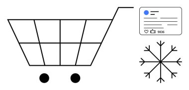 Minimalist alışveriş arabası, başparmakları ve yorumları olan sosyal medya iletisi ve kar tanesi. Ticaret, pazarlama, çevrimiçi alışveriş, mevsimlik satışlar, sosyal medya eğilimleri, e-ticaret stratejileri için ideal