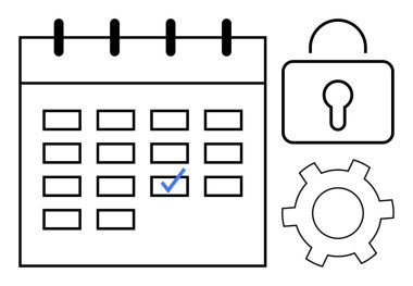 Görev işaretli takvim ızgarası, güvenlik sembolü ve yapılandırmayı temsil eden teçhizat. Program, planlama, güvenlik, üretkenlik, görev yönetimi, takım çalışması için ideal
