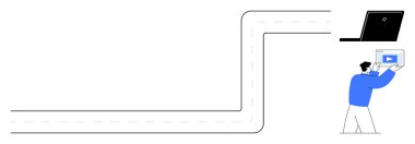 Elinde büyük video içeriği olan bir adamın bulunduğu bir dizüstü bilgisayara giden yol. E-öğrenim, dijital eğitim, rehberlik, sanal eğitim, çevrimiçi seminerler, uzaktan çalışma, basit iniş sayfası için ideal