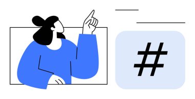 Meta veri etiketini vurgulamak için parmağını kaldıran kadın, çevrimiçi eğilimleri, sosyal medyayı, nişanı işaret ediyor. İçerik pazarlaması, çevrimiçi varlık, topluluk oluşturma, markalaşma, dijital