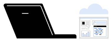 Kara laptop bulut depolama arayüzüne erişiyor. Haritalar, dosyalar ve arama çubuğu ile. Teknoloji, yenilik, bulut hesaplama, uzaktan çalışma, iş, analitik basit iniş sayfası için ideal