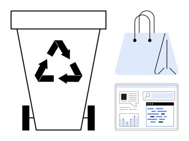 Üç ok işaretli geri dönüşüm kutusu, kağıt alışveriş torbası ve veri dolu dijital arayüz. Sürdürülebilirlik, atık yönetimi, dairesel ekonomi, e-ticaret, tüketici davranışı, eko-tasarım için ideal