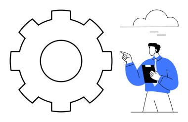 Elinde kocaman bir dişli çarkını gösteren bir pano tutan adam sinerji ve ilerlemeyi sembolize ediyor. Takım çalışması, yenilik, liderlik, sorun çözme, strateji, planlama, iş akışı süreçleri için ideal