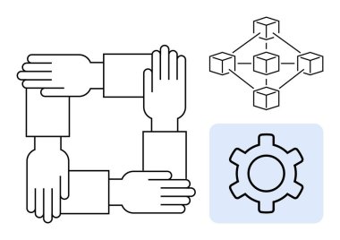 Takım çalışmasını sembolize eden dört el, bir engelleme ağı şeması ve sistem süreçlerini temsil eden bir dişli. Takım çalışması, işbirliği, yenilik, blok zinciri, süreç verimliliği için ideal