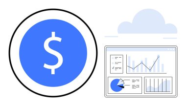 Mavi Dolar işareti çemberi ve bulutun altında grafikler, tablolar ve turta diyagramlarını gösteren dijital panel. Finans, analitik, teknoloji, yatırım, büyüme, basit bir iniş sayfası planlamak için ideal