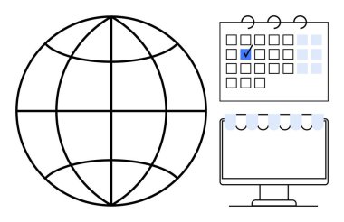 Küresel bağlantıyı temsil eden küre, kontrol işaretli görev planlaması için takvim ve dijital çalışmaları izleyen küre. Planlama, takım çalışması, çevrimiçi işbirliği, programlama, uzaktan çalışma için ideal