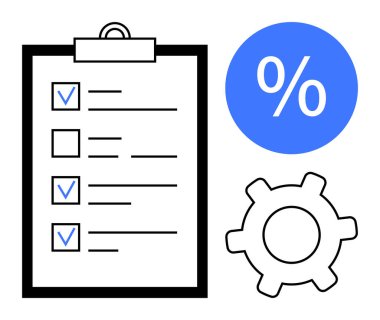 İşaretli kutular, yüzde simgesi ve görev tamamlama, ilerleme takibi ve işlem optimizasyonunu temsil eden teçhizatlı pano. Üretim, iş akışı, planlama ve yönetim hedefleri için ideal