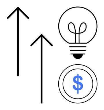 Yükselen oklar, parlayan bir ampul ve dolar işaretli bir bozuk para ile birlikte ilerleme, yenilik ve finansal büyümeyi vurguluyor. İş için ideal, finans, başarı, strateji, yaratıcılık