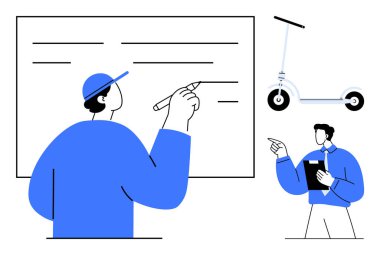 Bir diğeri tablet tutarak geri bildirim sağlarken, bir kişi beyaz tahtada analiz ve çizim yapıyor. Yakınlarda, elektrikli bir scooter tasvir edilir. Takım çalışması, beyin fırtınası ve yenilik için ideal.