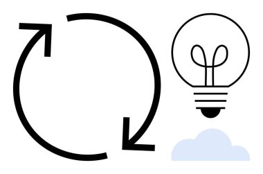 Siyah dairesel oklar bir ampul ve bulut yeniliğinin yanında, sürdürülebilir enerji, beyin fırtınası, teknoloji ilerlemesi, ekolojik bilinç ve yenilenebilir fikirler. Yaratıcılık için ideal