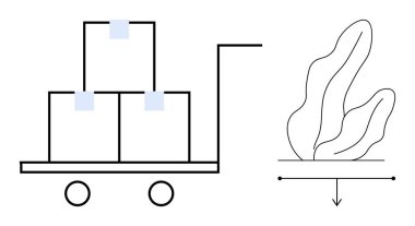 Organik yaprak tasarımının yanında kutuları taşıyan el arabası çevresel denge ve lojistiği işaret ediyor. Nakliye, eko-ticaret, depo, dağıtım, sürdürülebilirlik, ulaşım için ideal, basit