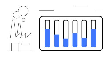 Değişen sıvı seviyeli test tüplerinin yanında duman çıkaran fabrika yenilikleri, deneyleri ve sürdürülebilirliği vurguluyor. Endüstri, araştırma, teknoloji ve bilim için ideal