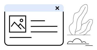 Web tarayıcı arayüzü resim yer tutucu, metin satırları ve soyut yaprakların yanında bir kapatma düğmesi. Web sitesi tasarımı için ideal, UIUX, kablolar, prototipleme, yaratıcılık, basit iniş şablonları