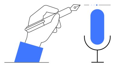 Bir mikrofon simgesinin yanında dolmakalem tutarken yazı, hikaye anlatma ve iletişimi sembolize ediyor. İçerik oluşturma, eğitim, podcast, yazı, yaratıcılık markalaşması için ideal basit