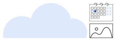 Mavi bulut, üzerinde tarih yazan takvim ve manzara fotoğrafı. Teknoloji, planlama, veri yönetimi, organizasyon için idealdir. Fotoğraf paylaşım bulut bilgisayarını hatırlatır. Basit düz metafor