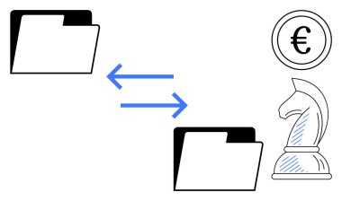 Oklarla birbirine bağlı iki klasör, bir satranç şövalyesi ve bir avro sikke veri alışverişi, strateji ve finansal planlamayı öneriyor. Takım çalışması, finans, strateji, veri paylaşım yeniliği için ideal