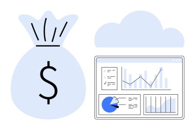Analiz panelinin yanında dolar işareti olan para çantası bulut altında çizelgeler ve grafikler gösteriyor. Finansal planlama, veri analizi, iş büyümesi, bulut hesaplaması, fintech, yatırım için ideal