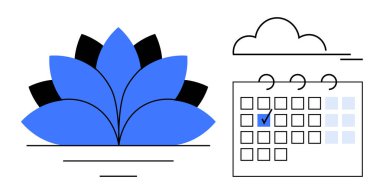 Mavi nilüfer çiçeği işaretli tarihli takvimin yanında ve üstünde minimum bulut var. Farkındalık, programlama, denge, meditasyon, organizasyon, verimlilik, bütünsel refah için idealdir. Düz basit