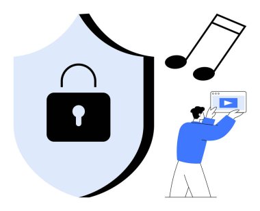 Korunmayı sembolize eden kalkanlara, ses notalarına ve tablet tutan kişiye kilitlenin. Siber güvenlik, medya mülkiyeti, telif hakkı, içerik paylaşımı, bulut depolama, gizlilik sade iniş için ideal