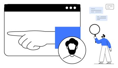 Tarayıcı çerçevesinin içini gösteren büyük bir el, erkek avatarı olan kullanıcı profili simgesi ve balon tutan ayakta duran bir figür. Kullanıcı arayüzü, rehberlik, geri bildirim, profil kurulumu için ideal