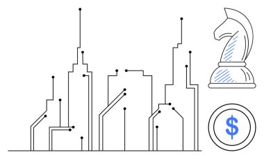 Devre kalıplı dijital siluet, satranç taşı ve düz dizaynlı dolar işareti. Teknoloji, finans, kentsel kalkınma, yenilik, strateji karar verme yatırımı için ideal. Düz