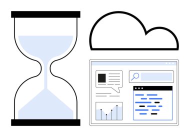 Kum saati zamanı, bulut çevrimiçi depolamayı ve ağ arayüzü de dijital araçları simgeliyor. Üretkenlik, zaman izleme, teknoloji, iletişim, bulut hesaplama ve web hizmetleri için ideal