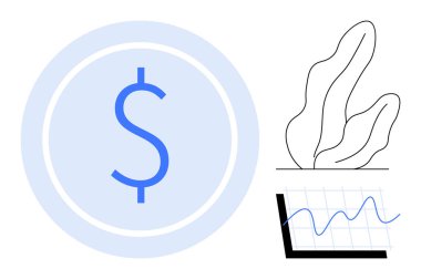 Mavi dolar işareti, büyüyen çizgi grafiği, soyut bitki motifi. Finans, veri analizi, iş büyümesi, yatırım, tasarruf, basit iniş sayfası için ideal