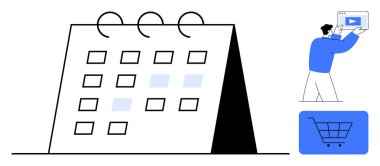 Vurgulanmış tarihli masa takvimi, ekranda video içeriği yaratan adam, alışveriş sepeti simgesi. Planlama, planlama, organizasyon, e-ticaret, içerik oluşturma, etkinlik yönetimi için ideal