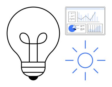 Fikirleri sembolize eden ampul, analiz için veri grafikleri olan gösterge paneli ve enerji ve yenilik için bir güneş ikonu. Yaratıcılık, veri, teknoloji, araştırma, strateji, yenilik için ideal basit iniş