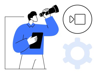 Elinde tablet tutan, teleskoptan bakan bir adam. Oyun düğmesi ve vites simgelerinin yanında. Keşif, teknoloji, video oluşturma, yenilik, strateji, içerik planlaması için ideal düz metafor