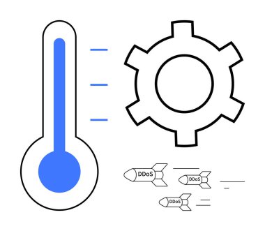 Termometre, dişli ve DDoS saldırı ikonları sistem stresi, aşırı ısınma, siber tehditler ve performans tasvir ediyor. Siber güvenlik, sistem optimizasyonu, bilişim performans sorunları ve basit