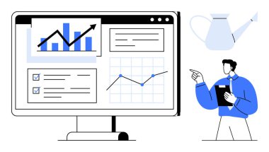 Çubuk ve çizgi grafikleri, kontrol listesi ve sulama içeren analitik gösterge paneli büyümeyi metaforlaştırabilir. İzleme ve stratejik planlamayı vurgulayan panoya sahip bireyler. İş ve analiz için ideal