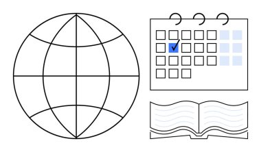 Küre dünya çapında bağlamları temsil ediyor, takvim programlamayı veya planlamayı simgeliyor, mavi kene bir görevi vurguluyor, açık kitap öğrenmeyi veya araştırmayı simgeliyor. Zaman yönetimi, etkinlik planlaması ve küresel için ideal