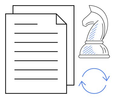 Kağıt belge, satranç şövalyesi ve strateji, yenilik, yenileme, planlama, karar verme, iş akışı ve gelişim döngülerini temsil eden dairesel ok. İş stratejisi yaratıcılığı için ideal
