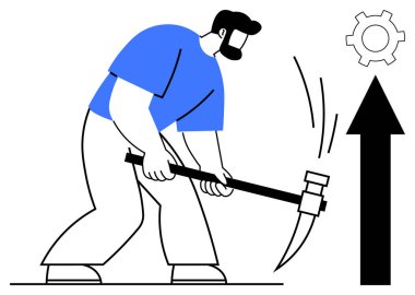 Toprak kazma ile vurulan kişi, ilerlemek için yukarı ok, aletler ve yenilik için teçhizat. Büyüme, sıkı çalışma, azim, üretkenlik, kararlılık, başarı ve basit iniş sayfası için ideal