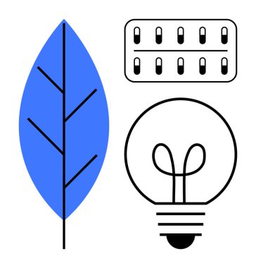 Mavi yaprak, ampul ve güneş paneli yenilenebilir enerji, yenilik ve ekolojiyi temsil eder. Sürdürülebilirlik, eko-teknolojiler, elektrik, yeşil fikirler için ideal doğa ve gelecek