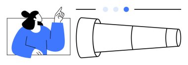 Teleskop navigasyon noktalarının yanındaki merakla işaret eden kişi keşif, görme ve keşfi simgeler. İş stratejisi için ideal, yenilik, odaklanma, fırsat, liderlik, basit iniş