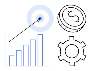 Büyüme eğilimli bar tablosu, ok hedefi vuruşu, dolar madeni para ve başarı, finans, performans, stratejik planlama, girişimcilik, yenilik sade iniş sayfası