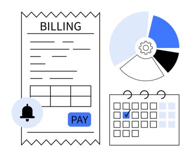 Fatura makbuzu, bildirim zili, teçhizatlı pasta tablosu ve işaretli tarihli takvim. Finans, ödemeler, hatırlatmalar, muhasebe organizasyonu analitik programlama için idealdir. Düz