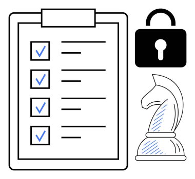 Mavi işaretli kontrol listesi, gizliliği simgeleyen güvenlik kilidi ve stratejik karar vermeyi öneren bir satranç şövalyesi. Planlama, güvenlik, strateji, yönetim, organizasyon için ideal