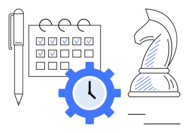 Kalem, kontrol işaretleriyle işaretlenmiş takvim, vitesteki saat ve planlama, zaman yönetimi ve stratejiyi sembolize eden satranç şövalyesi. Üretkenlik, hedefler, iş organizasyonu programlama için ideal