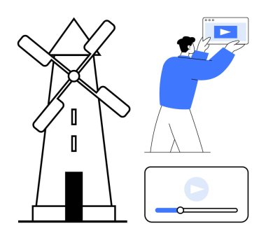 Sürdürülebilir enerjiyi temsil eden yel değirmeni bir video oynatıcı arayüzü tutuyor. Enerji çözümleri, çevre dostu kavramlar, yenilik, teknoloji, eğitim, medya tanıtımı için ideal