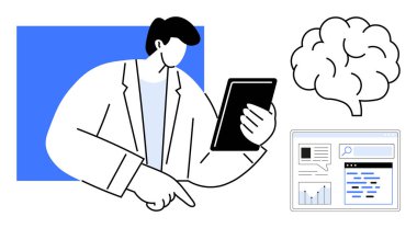 Tablet üzerinde beyin diyagramı ve analiz paneli olan verileri araştıran kişi. Eğitim, yenilik, teknoloji, araştırma, veri analizi, UX tasarımı, basit iniş sayfası için ideal