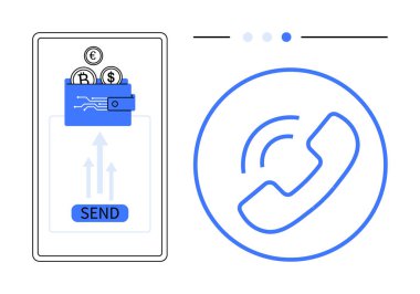 Bozuk paralı dijital cüzdan, akıllı telefon arayüzünde düğme, minimum tasarım üzerinde telefon arama simgesi. Fintech, e-ticaret, telekomünikasyon, ödeme sistemi, online bankacılık, güvenlik için ideal