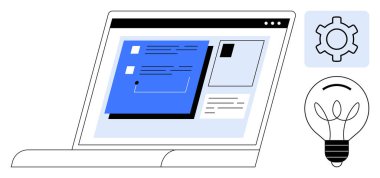Dişli ve ampul simgeleriyle birlikte dizüstü bilgisayar ekranı kullanıcı arayüzü tasarımı sergiliyor. Teknoloji, yenilik, yaratıcılık, yazılım geliştirme, UIUX tasarımı, problem çözme, basit