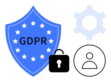 GDPR ve yıldızların yer aldığı mavi kalkan bir kilit, kullanıcı simgesi ve teçhizatla eşleştirildi. Gizlilik, veri güvenliği, kullanıcı yönetimi, yönetmelik uyumluluğu, teknoloji, yönetim dairesi için ideal basit metafor