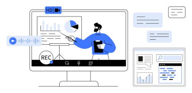 Grafikler, grafikler ve not defterleri kullanarak, video kaydı, mikrofon ve mesajlaşma araçlarıyla online sunum yapan kişi. Uzak çalışma, webinar, e-öğrenim veri paylaşım ekibi çalışması için ideal