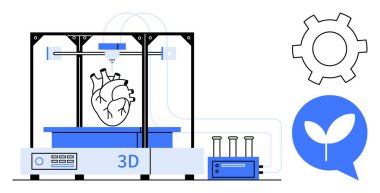 Gelişmiş 3D yazıcı, çarkları ve yaprağı sembolize eden teknolojiyi, eko-arkadaşlığı ve yeniliği simgeleyen insan kalbi modeli yaratıyor. Sağlık, yenilik, teknoloji, sürdürülebilirlik ve araştırma için ideal